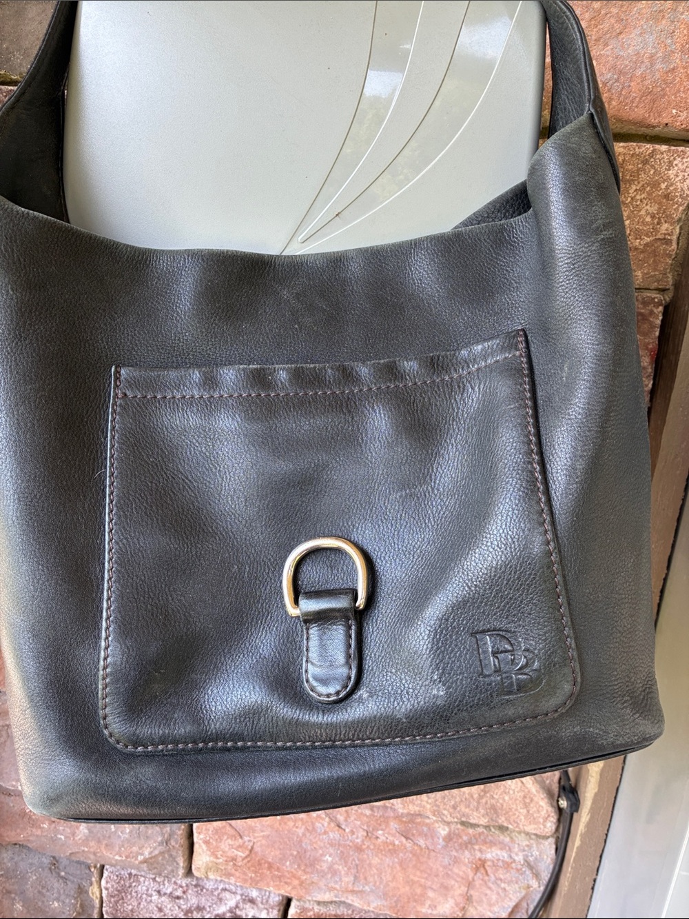 Dark Brown Leather Shoulder Bag with Front Pocket and Ring Accent